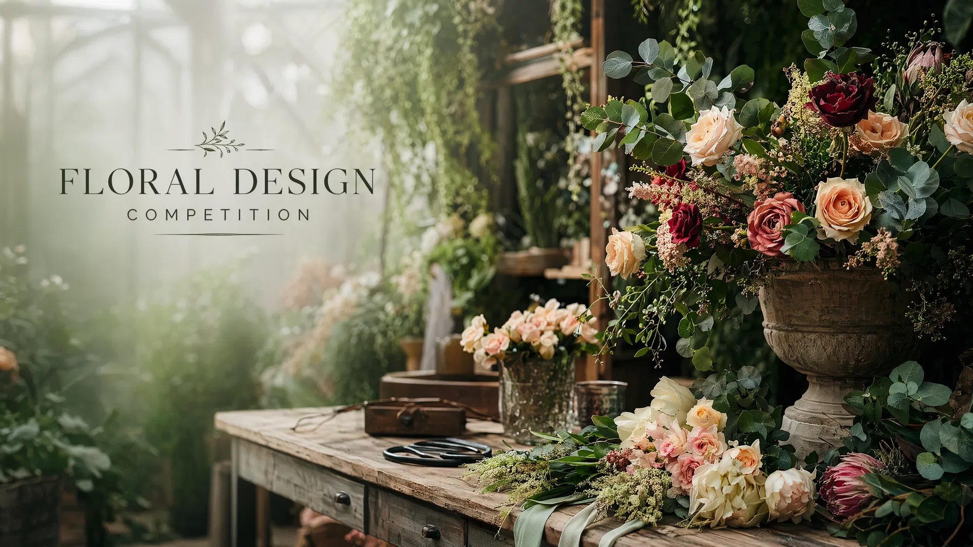 花艺设计大赛现场：花艺师在温室中创作鲜花作品